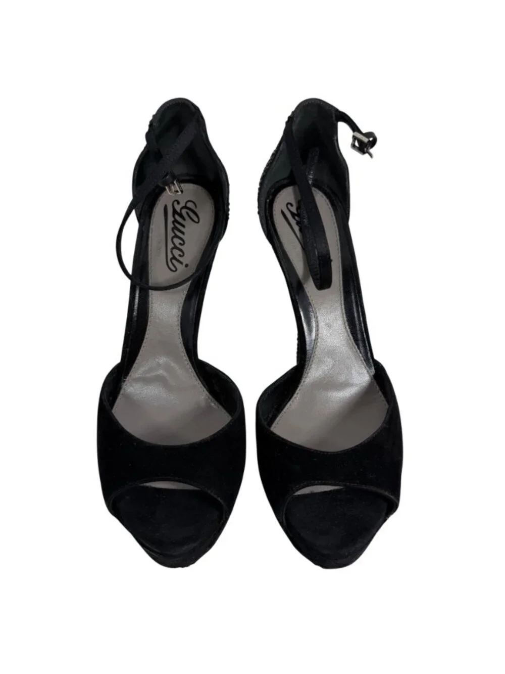 GUCCI Sofia Black Suede Crystal Embellished Heels Ankle Strap Platform Size 37 - Picture 2 of 16